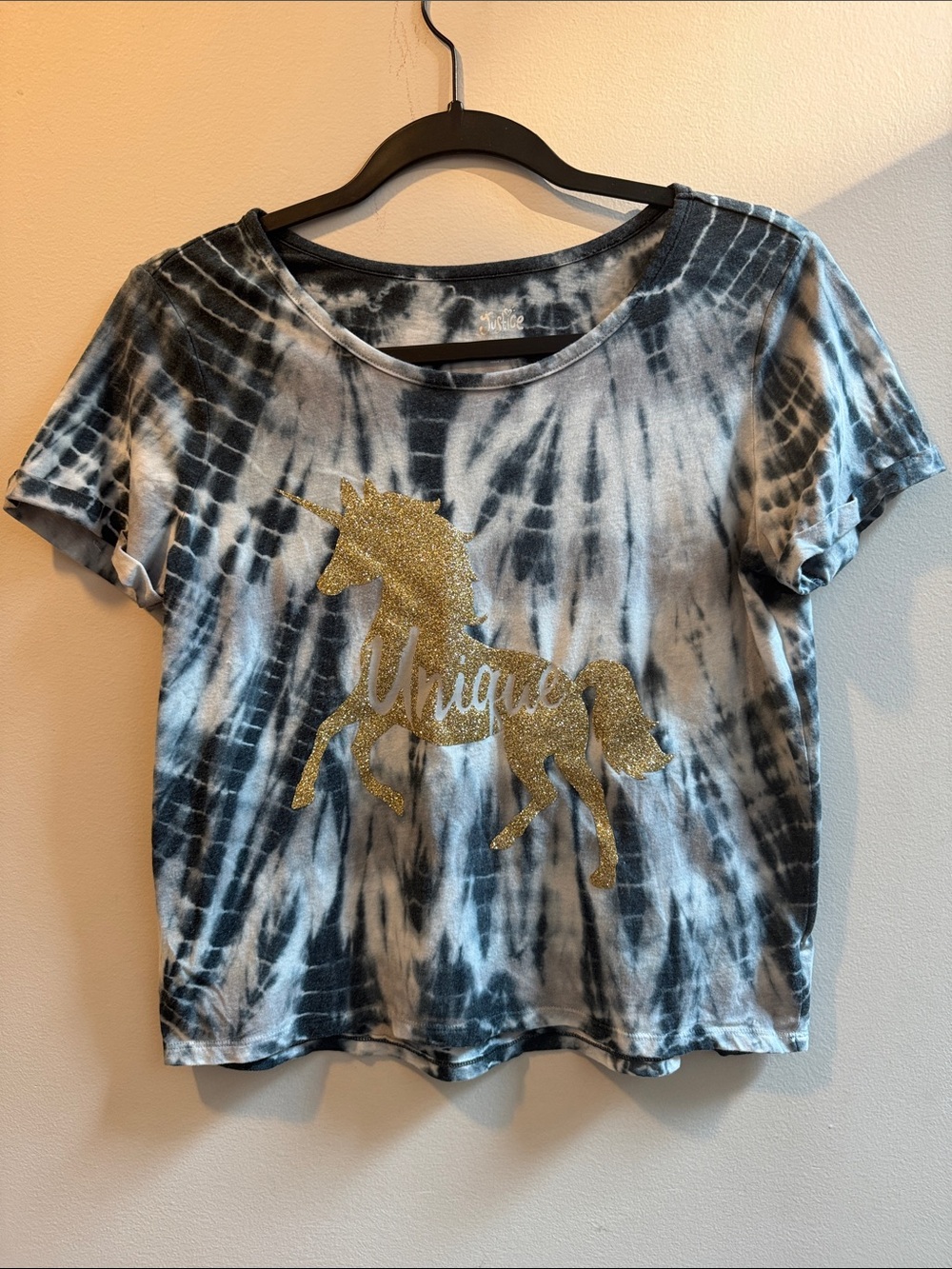 Justice Black & White Tie-Dye Tee with Gold Glitter Unicorn